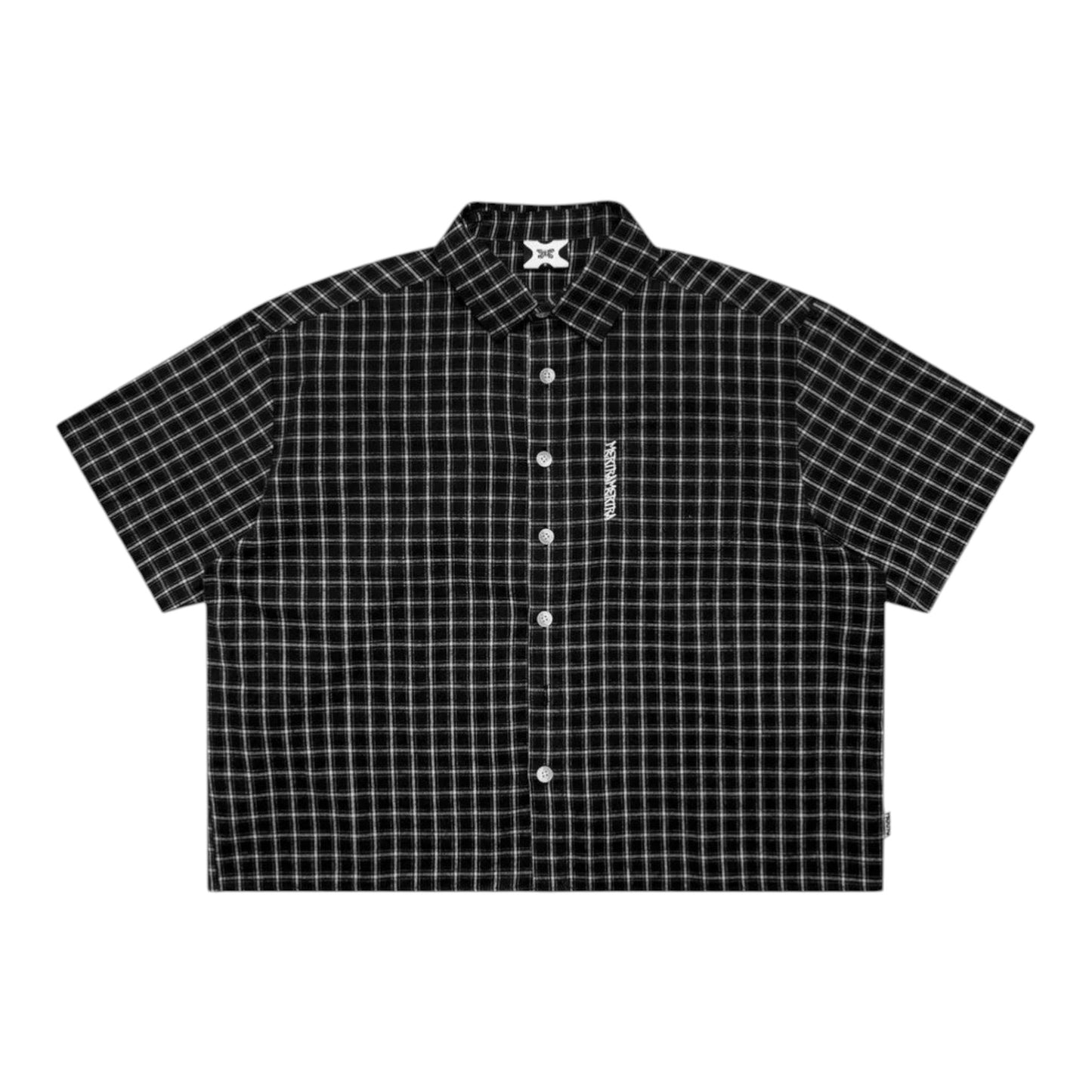 OFFCODE.USA black and white plaid 100% cotton short-sleeve shirt with embroidered graphic and tortoise shell buttons.