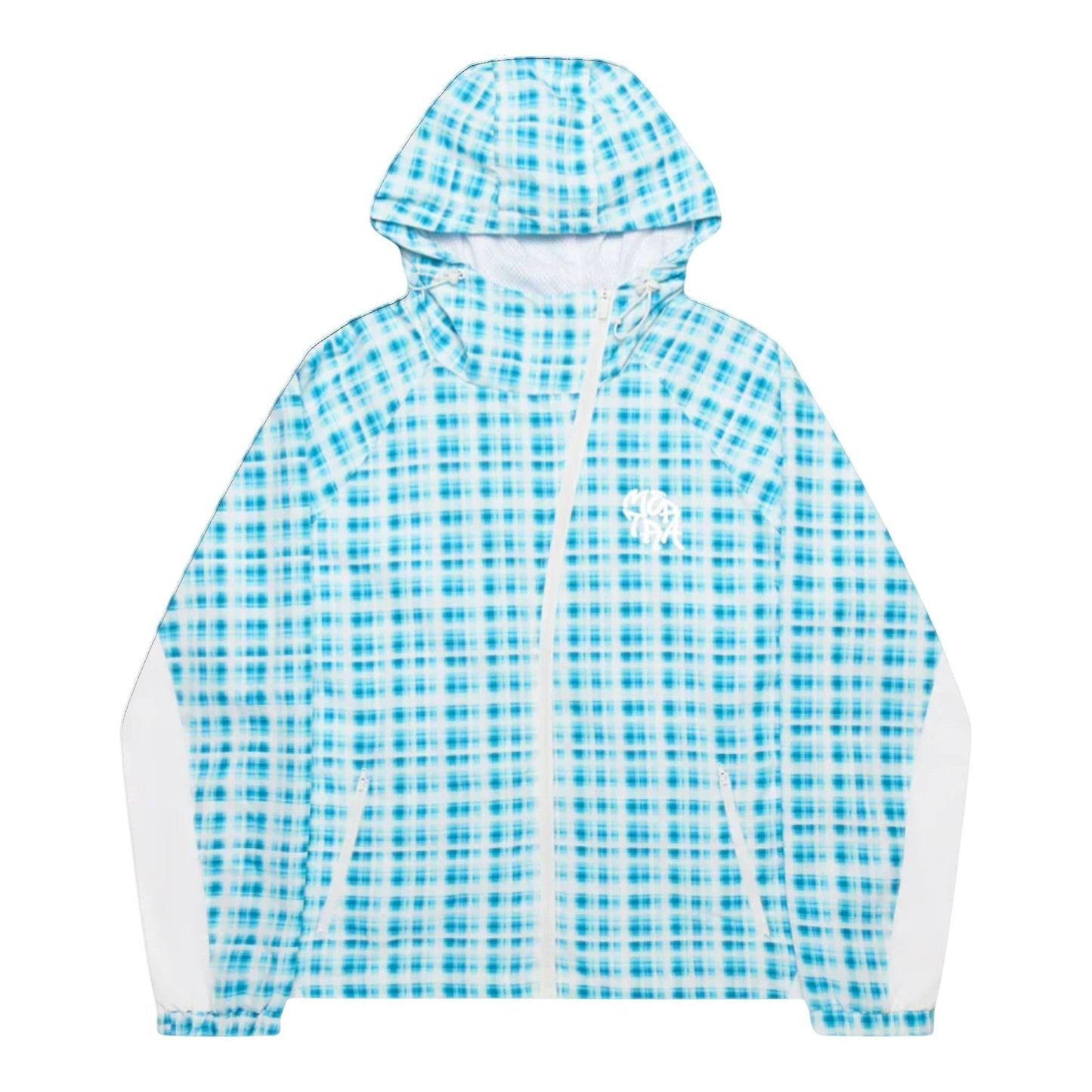 OFFCODE.USA blue and white plaid softshell jacket with asymmetrical zipper and hood toggles.
