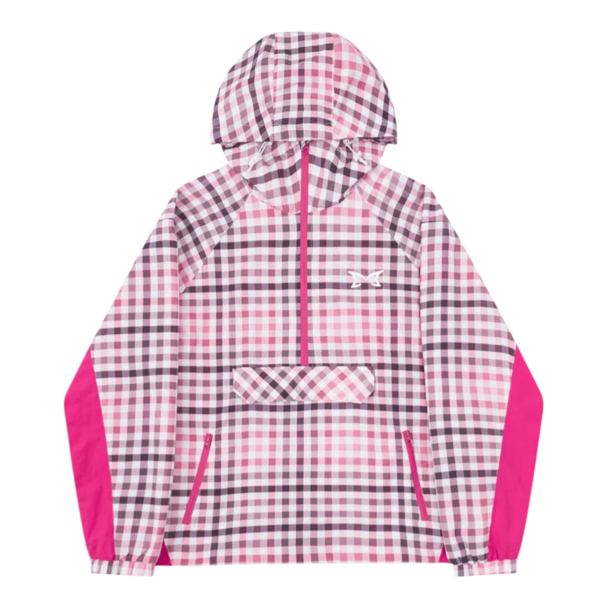 OFFCODE.USA pink and white plaid softshell jacket with a hood and quarter zip. Features a kangaroo pocket and side zip pockets.