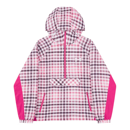 OFFCODE.USA pink and white plaid softshell jacket with a hood and quarter zip. Features a kangaroo pocket and side zip pockets.