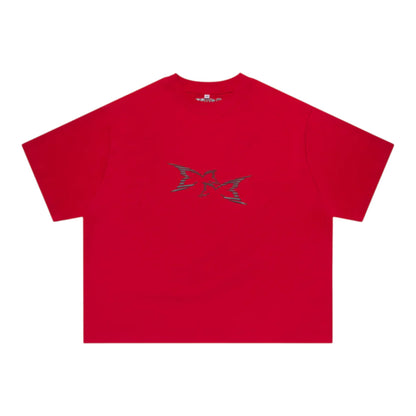 OFFCODE.USA red 100% cotton boxy fit t-shirt with a high frequency 3D front graphic and embroidered back graphic.