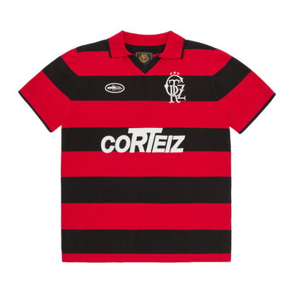 OFFCODE.USA red and black striped knit jersey with embroidered crest and Alcatraz on chest.