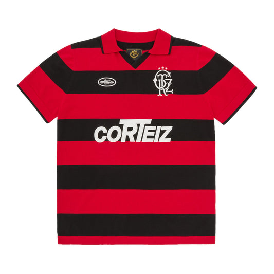 OFFCODE.USA red and black striped knit jersey with embroidered crest and Alcatraz on chest.