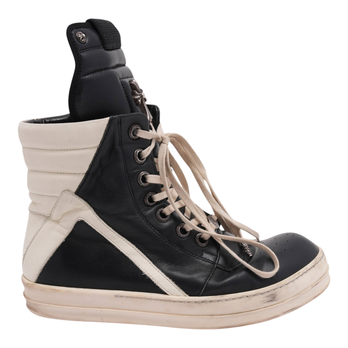 OFFCODE.USA Chrome Hearts Rick Owens Geobasket high-top sneakers in black and white leather with silver cross hardware.