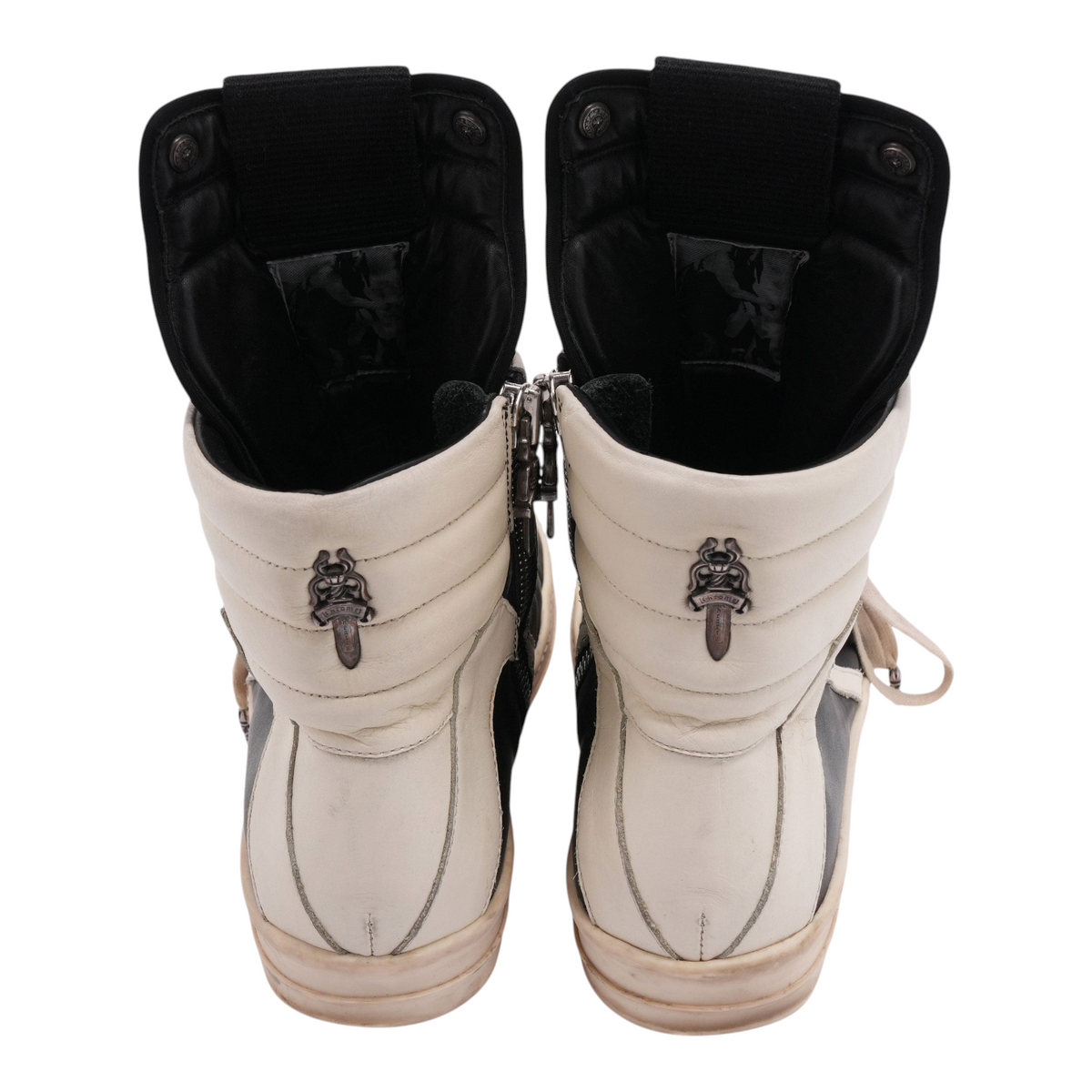 OFFCODE.USA Rick Owens Geobasket high-top sneakers in black and white leather with silver cross hardware details.