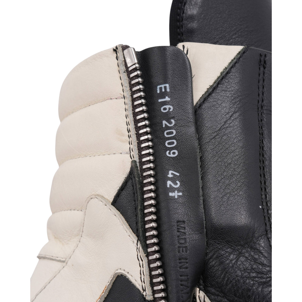 OFFCODE.USA Chrome Hearts Rick Owens Geobasket sneaker detail showing the inner zipper, leather panels, and size tag.