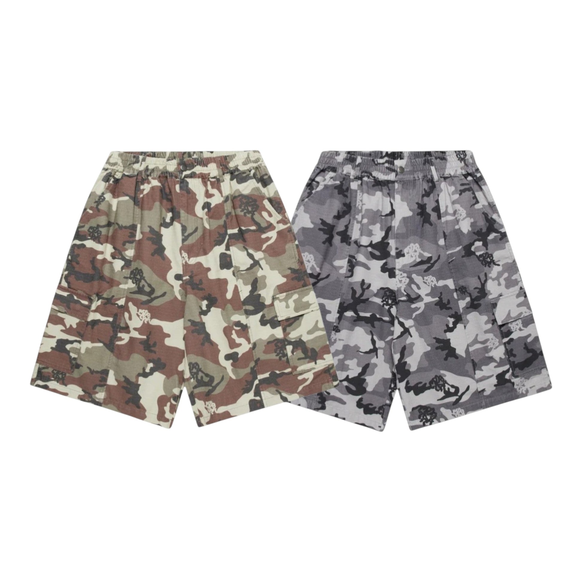 OFFCODE.USA Ripstop Cargo Shorts in camouflage print. Baggy fit with elasticated waistband and button-closure cargo pockets.