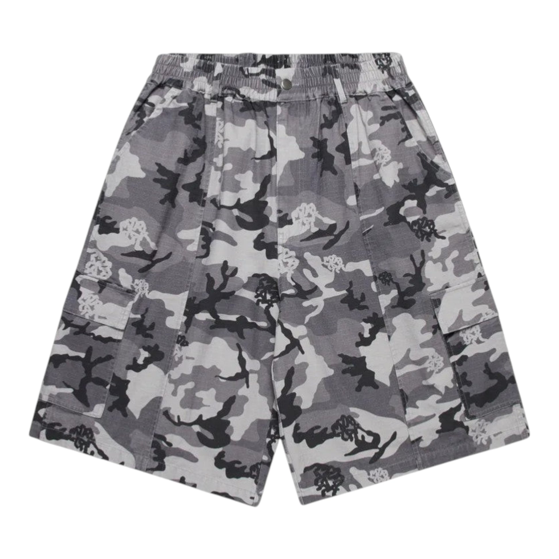 OFFCODE.USA grey camouflage ripstop cargo shorts with elasticated waistband and button cargo pockets.