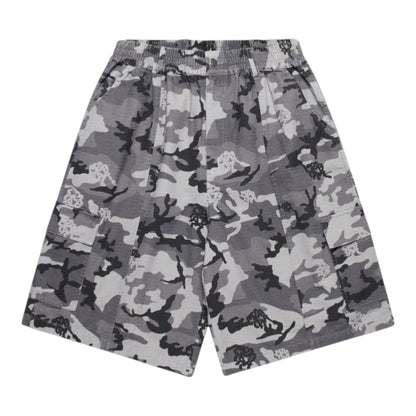OFFCODE.USA grey camouflage ripstop cargo shorts with elasticated waistband and button cargo pockets.