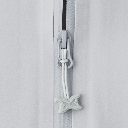 OFFCODE.USA light grey polyamide shell jacket with glow-in-the-dark taped seams and butterfly zipper pull.