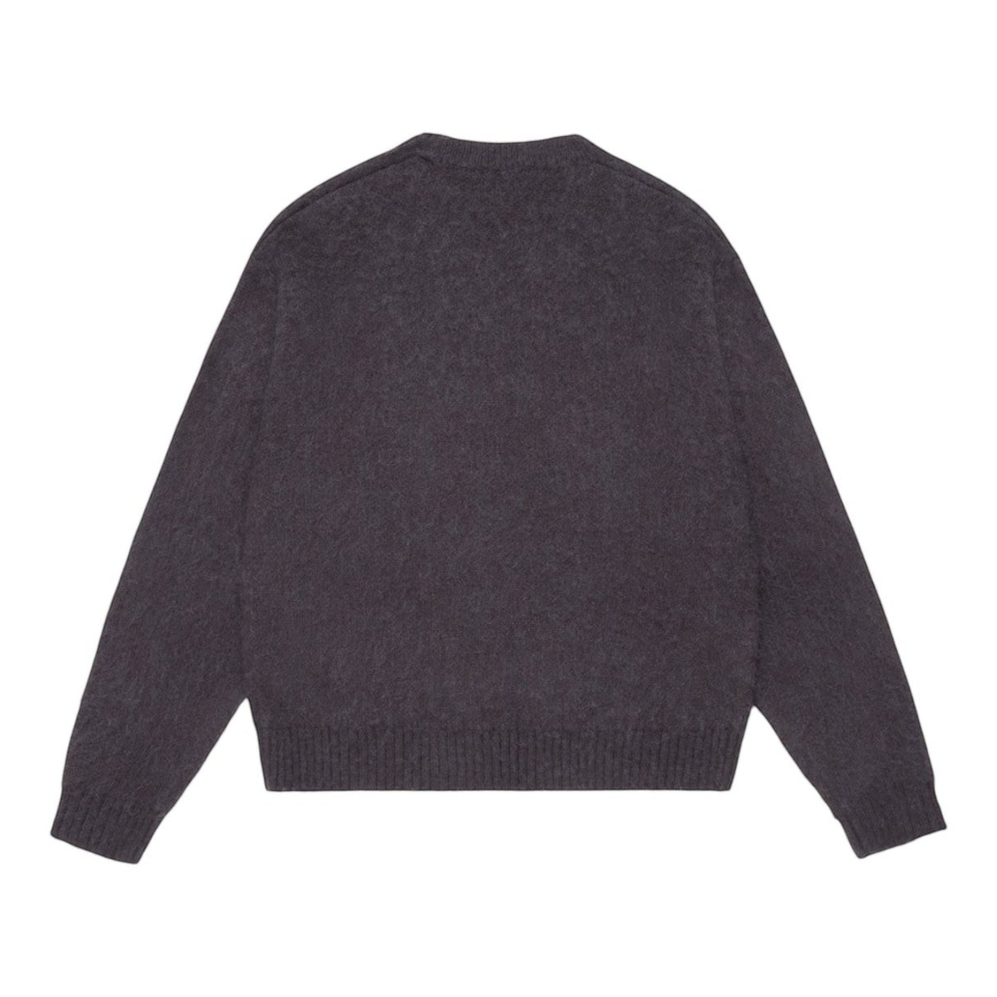 OFFCODE.USA Shaggy Mohair Knit sweater in charcoal grey. Made from a blend of acrylic, nylon, wool, and mohair.