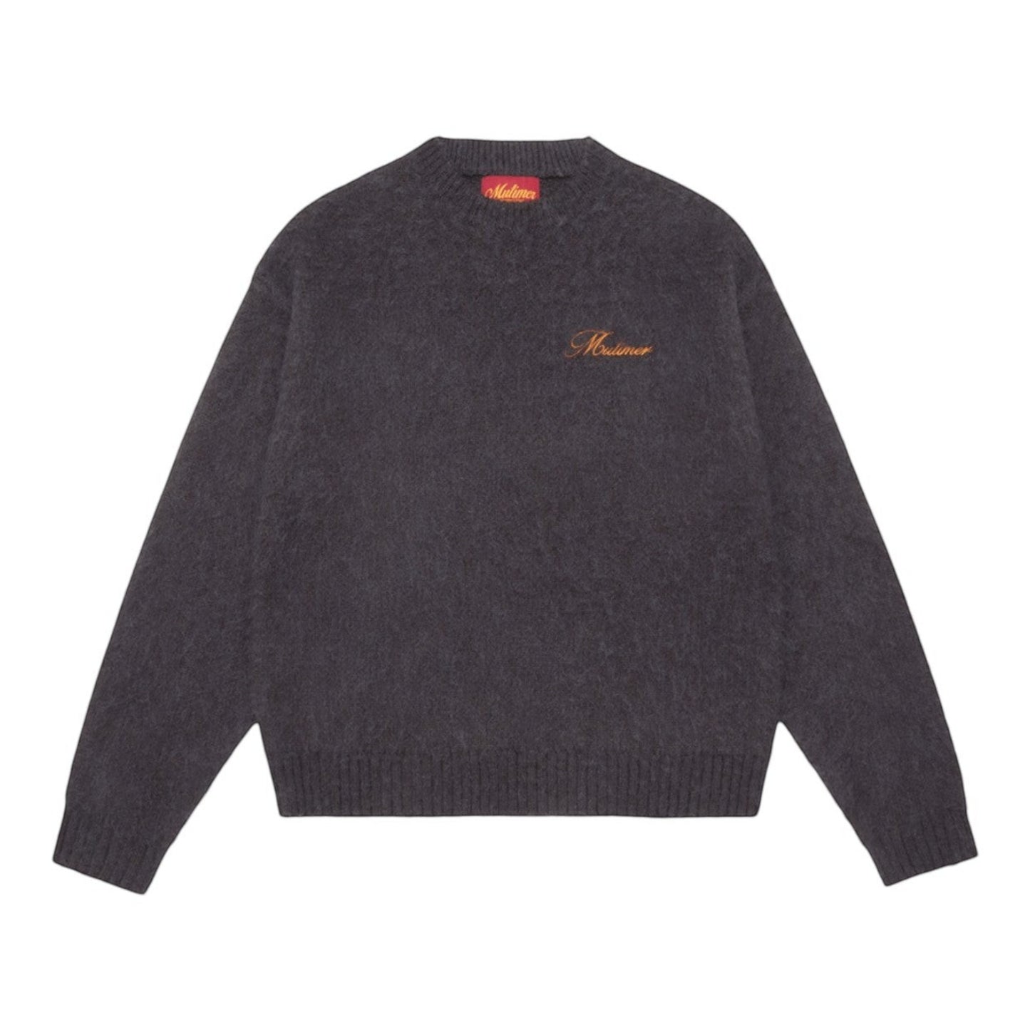 OFFCODE.USA Shaggy Mohair Knit sweater in charcoal grey, featuring a crew neck and embroidered logo on the chest.
