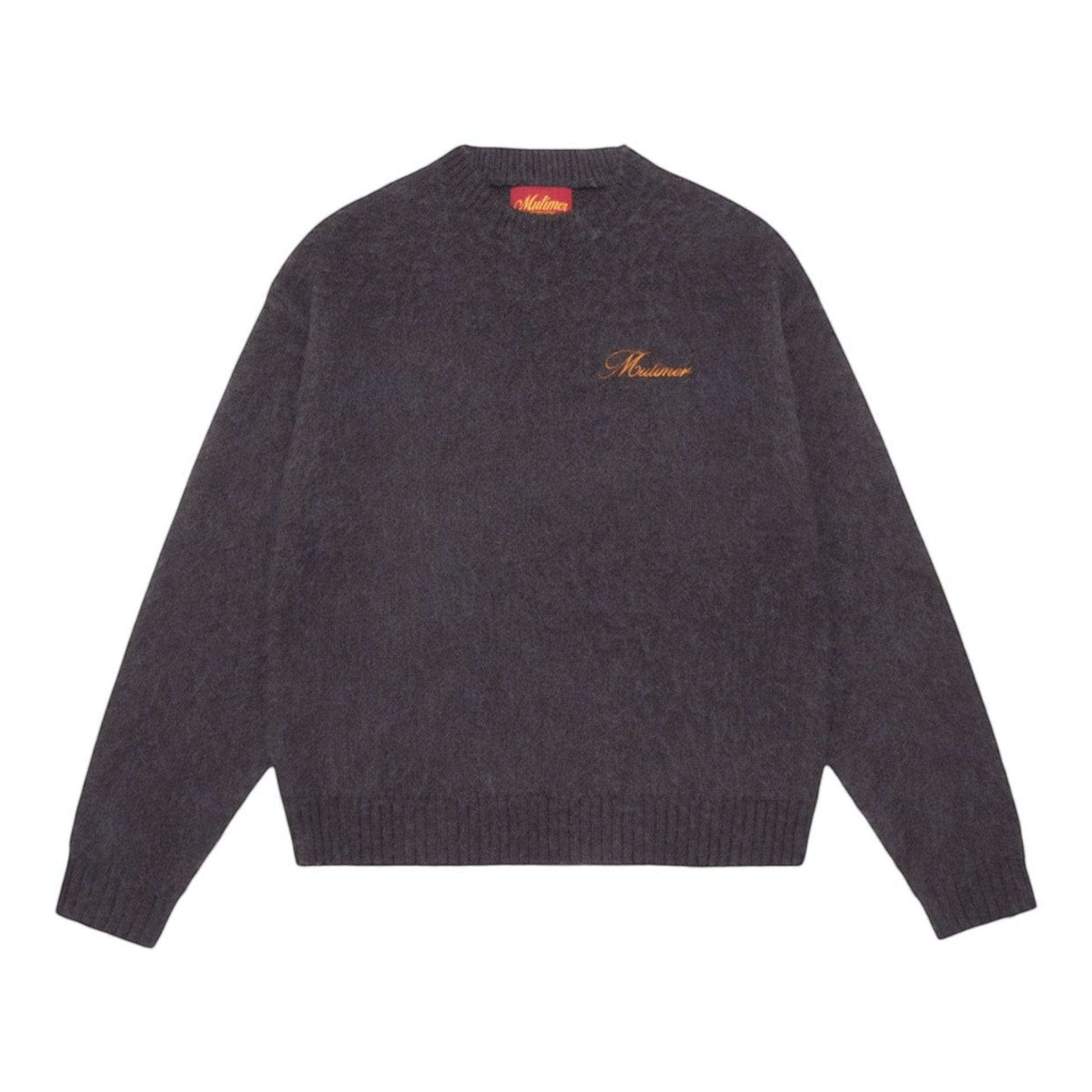 OFFCODE.USA Shaggy Mohair Knit sweater in charcoal grey, featuring a crew neck and embroidered logo on the chest.