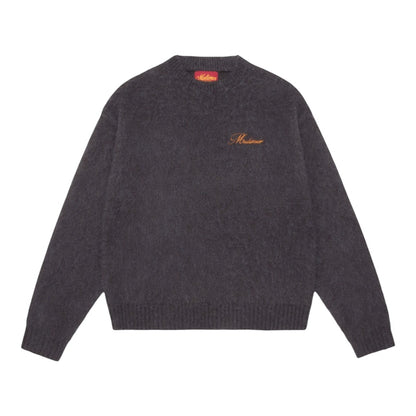 OFFCODE.USA Shaggy Mohair Knit sweater in charcoal grey, featuring a crew neck and embroidered logo on the chest.