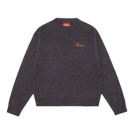OFFCODE.USA Shaggy Mohair Knit sweater in charcoal grey, featuring a crew neck and embroidered logo on the chest.