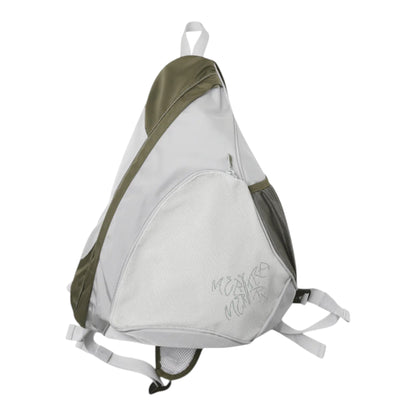 OFFCODE.USA grey and olive green sling bag with mesh panel and zippered pocket