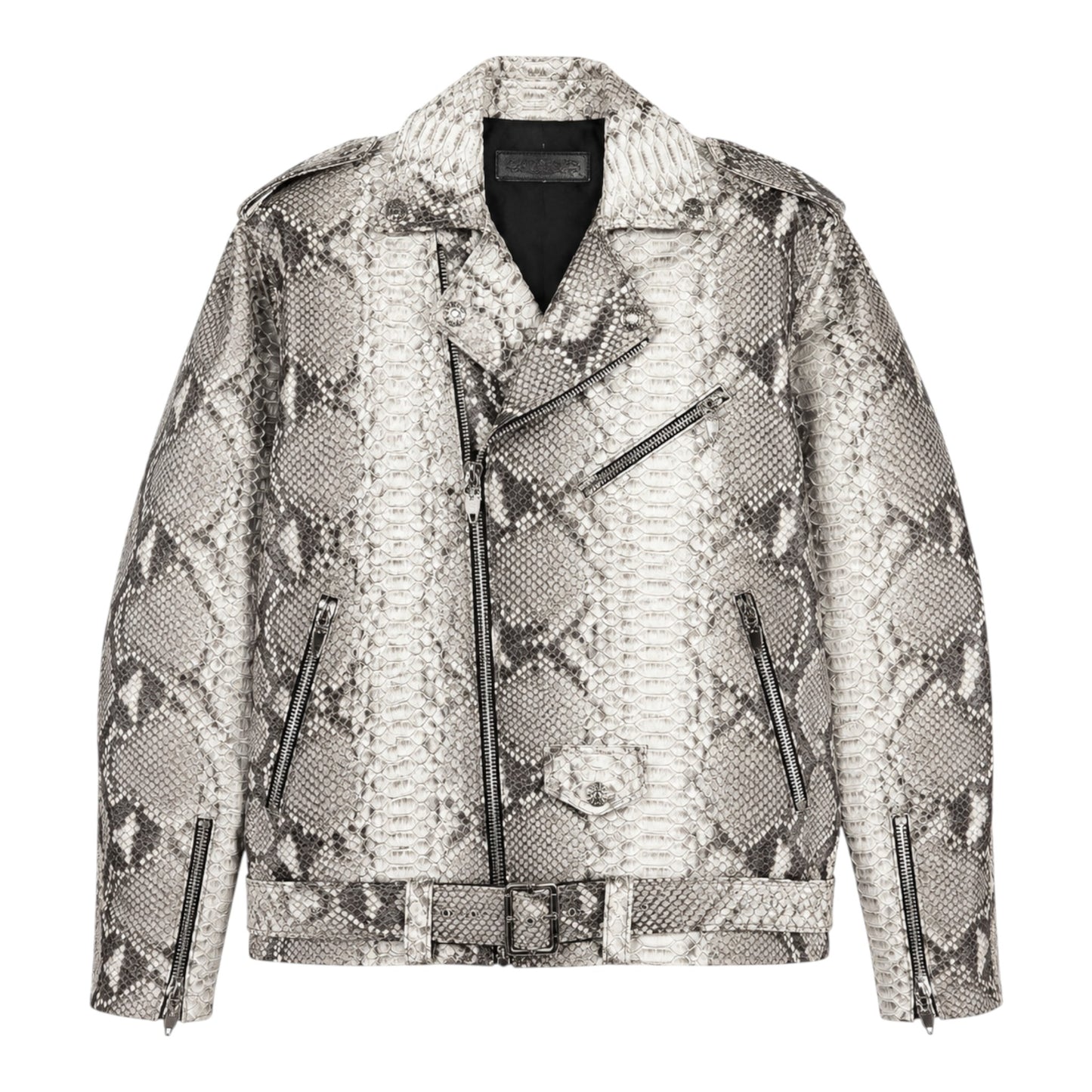 OFFCODE.USA Chrome Hearts snakeskin python moto jacket with silver hardware and a belted waist.