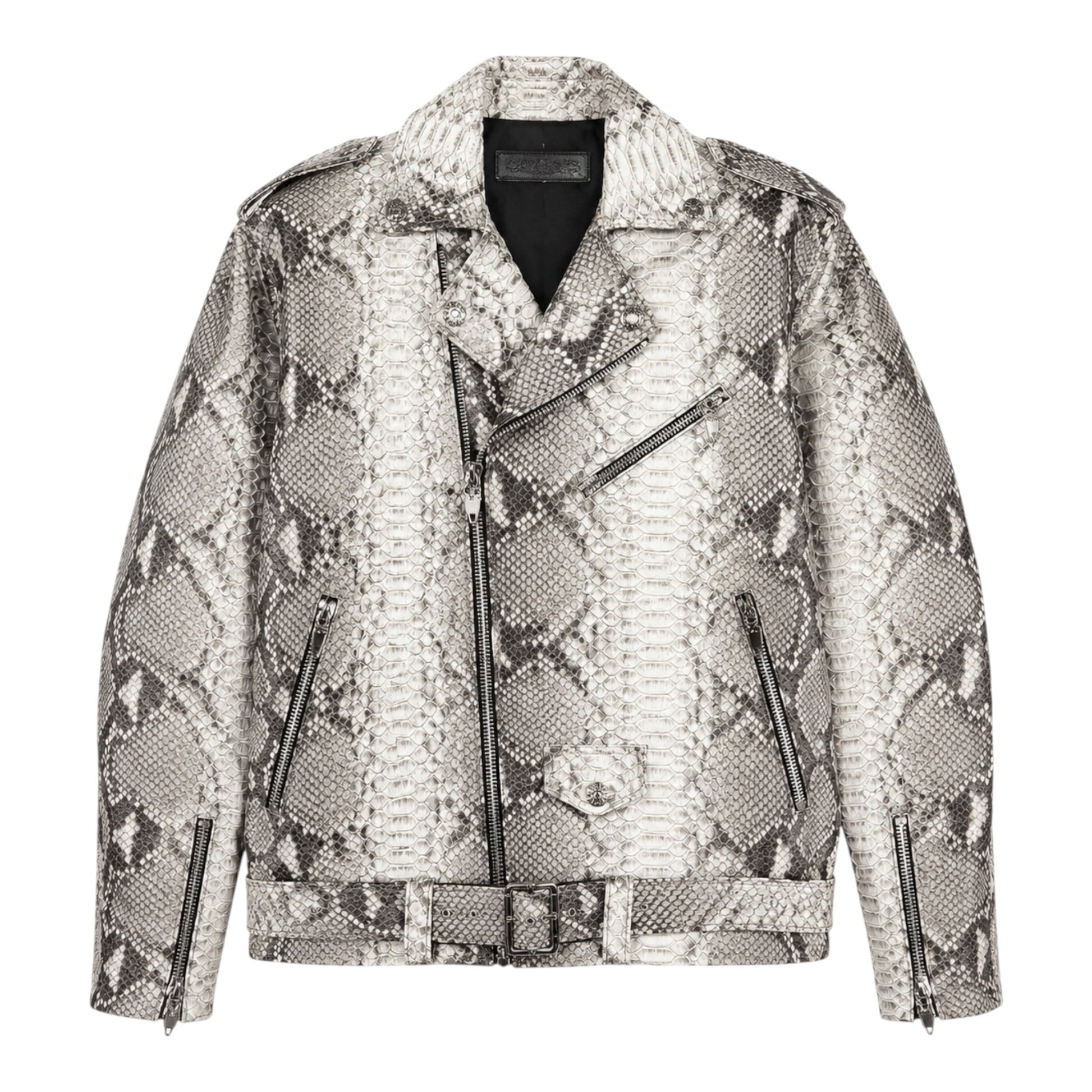 OFFCODE.USA Chrome Hearts snakeskin python moto jacket with silver hardware and a belted waist.