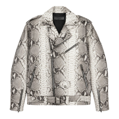 OFFCODE.USA Chrome Hearts snakeskin python moto jacket with silver hardware and a belted waist.