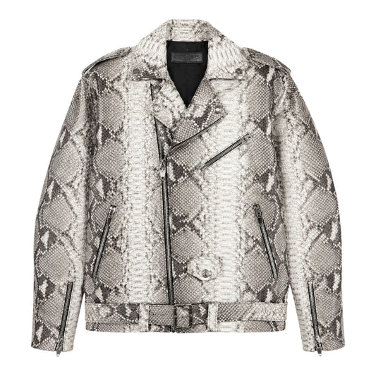 OFFCODE.USA Chrome Hearts snakeskin python moto jacket with silver hardware and a belted waist.