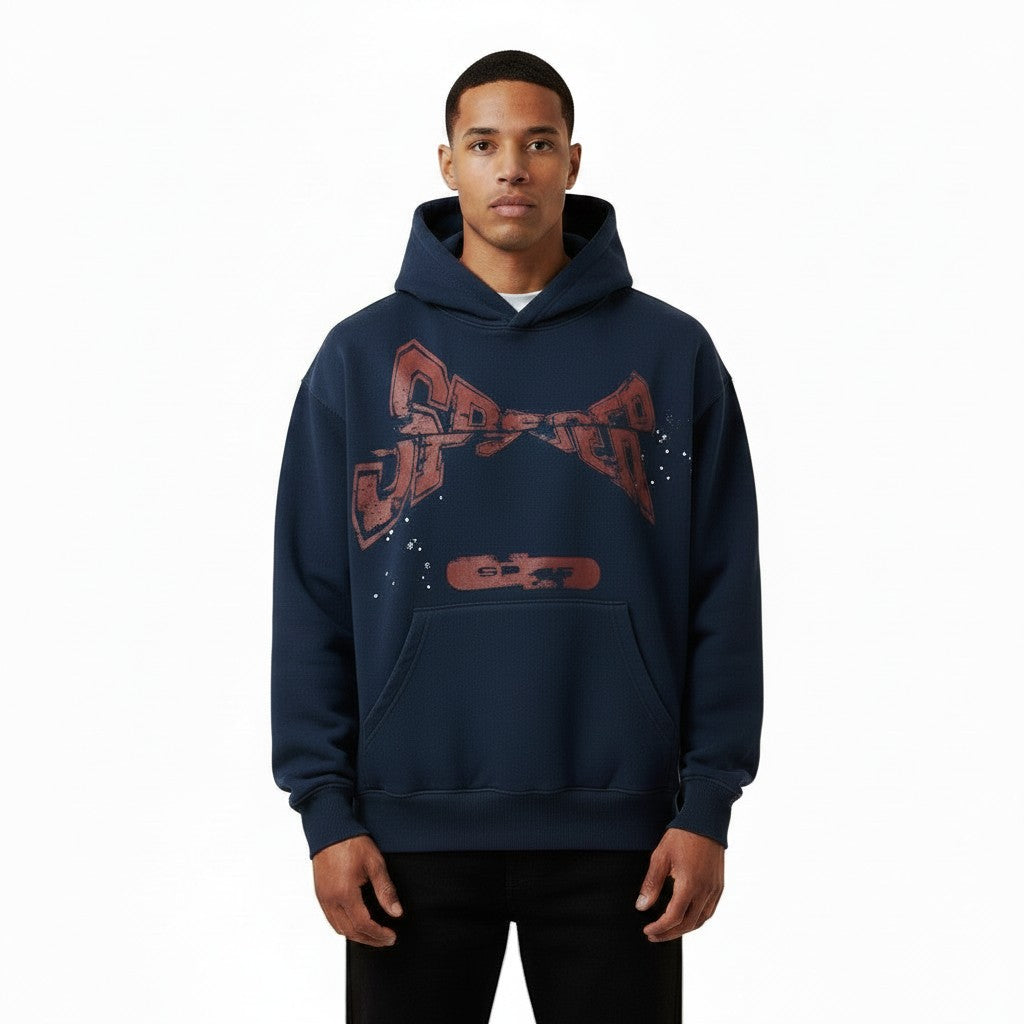 OFFCODE.USA Sp5der navy blue cotton blend sweatshirt with graphic print on chest and front pocket.