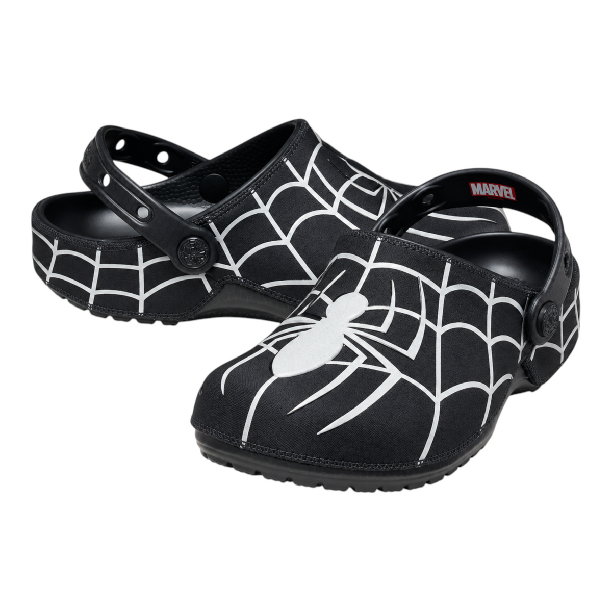 OFFCODE.USA Spider-Man themed black clogs with white spider web pattern and Marvel logo on the heel strap