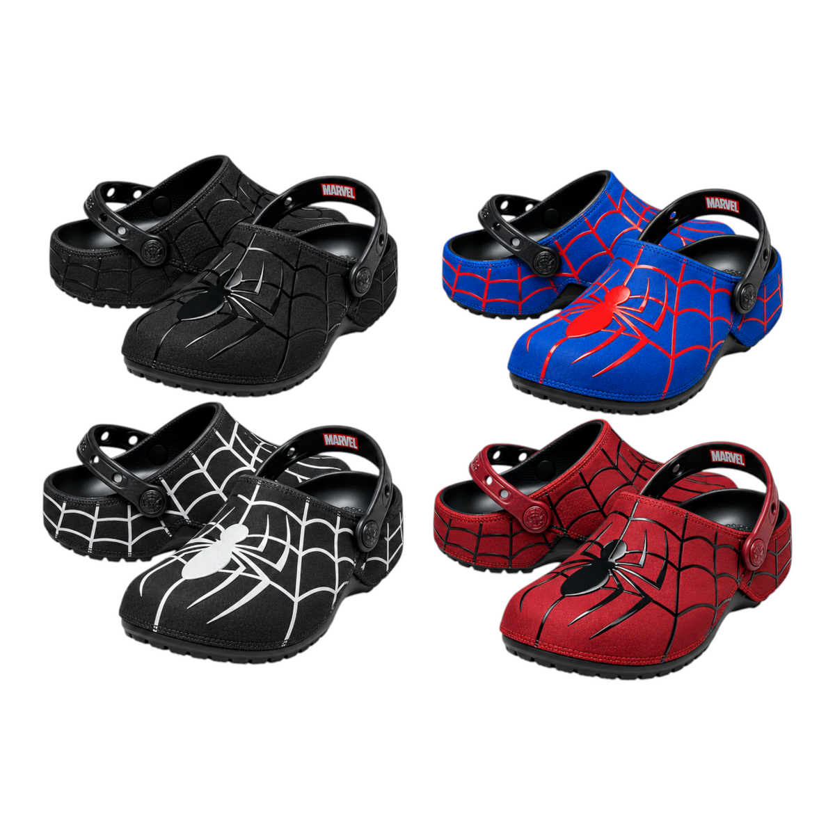 OFFCODE.USA Spider-Man themed clogs in black, blue, and red with iconic web patterns and Marvel branding