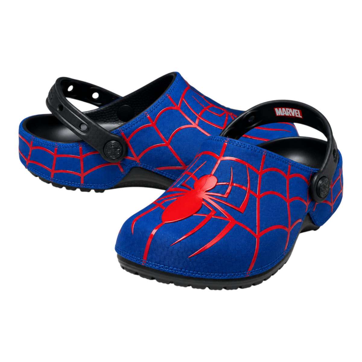 OFFCODE.USA Spider-Man clogs featuring a blue fabric upper with red web detailing and a prominent spider emblem.