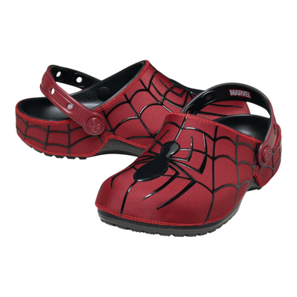 OFFCODE.USA Spider-Man themed red and black clogs with web pattern and Marvel branding on the heel strap