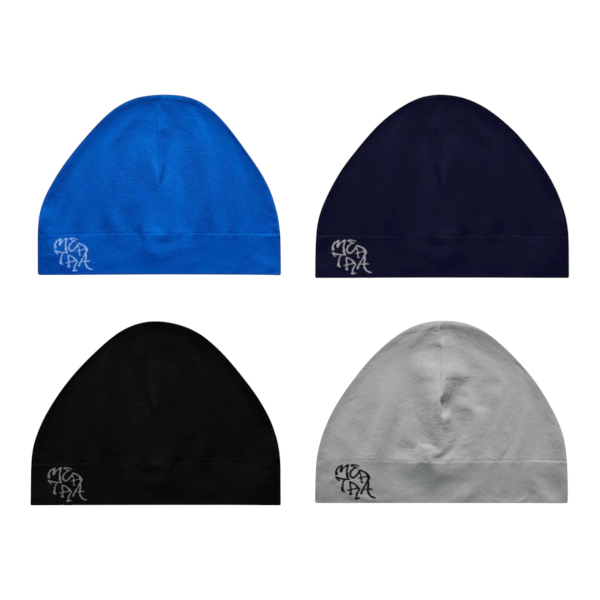 OFFCODE.USA Sprinter Beanie in blue, navy, black, and grey. Soft, stretchy fabric with embroidered logo.