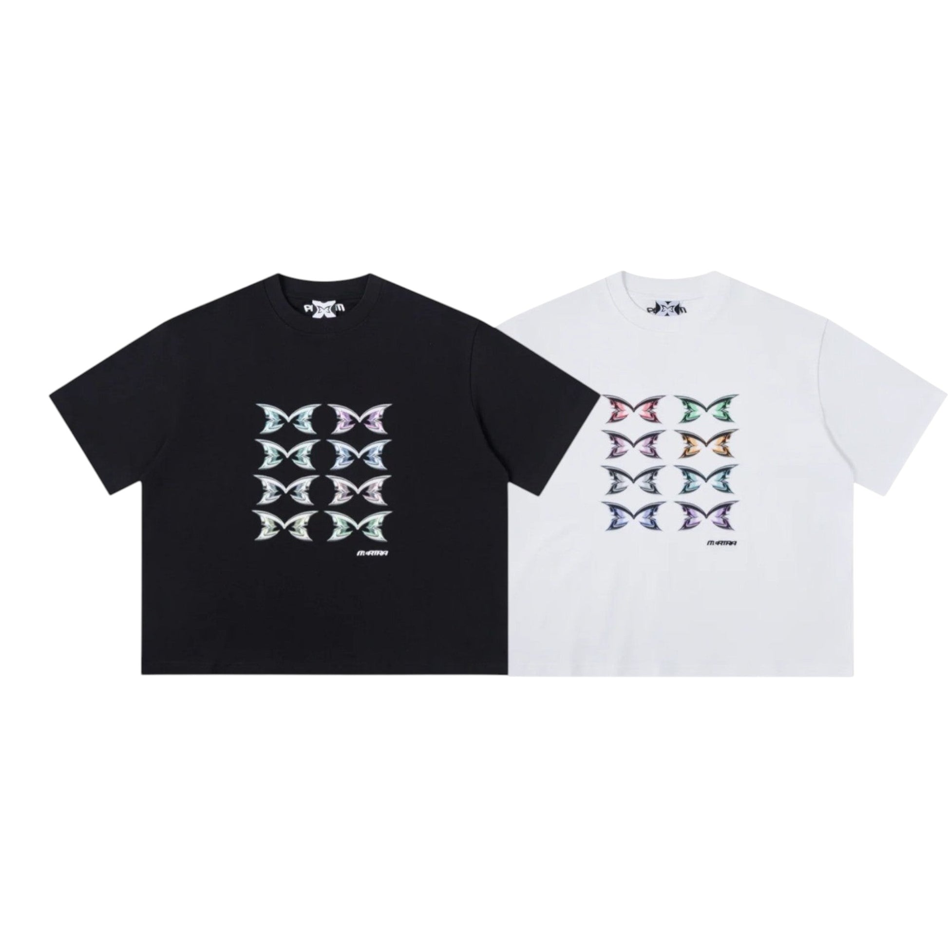 OFFCODE.USA Stacked Logo Tee in black and white, featuring a graphic print of iridescent butterfly wings.