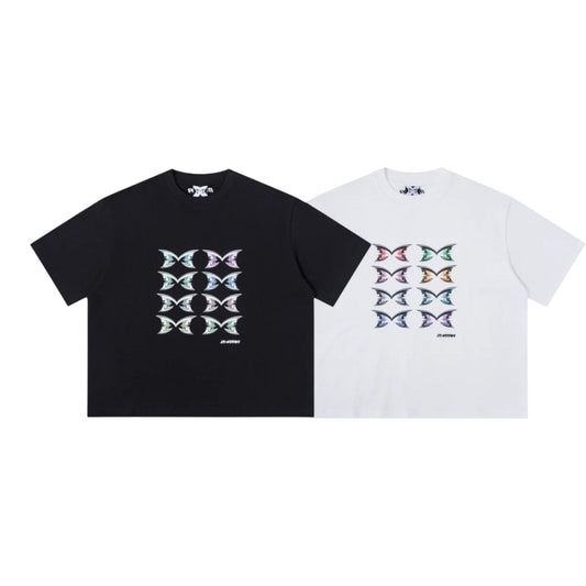 OFFCODE.USA Stacked Logo Tee in black and white, featuring a graphic print of iridescent butterfly wings.