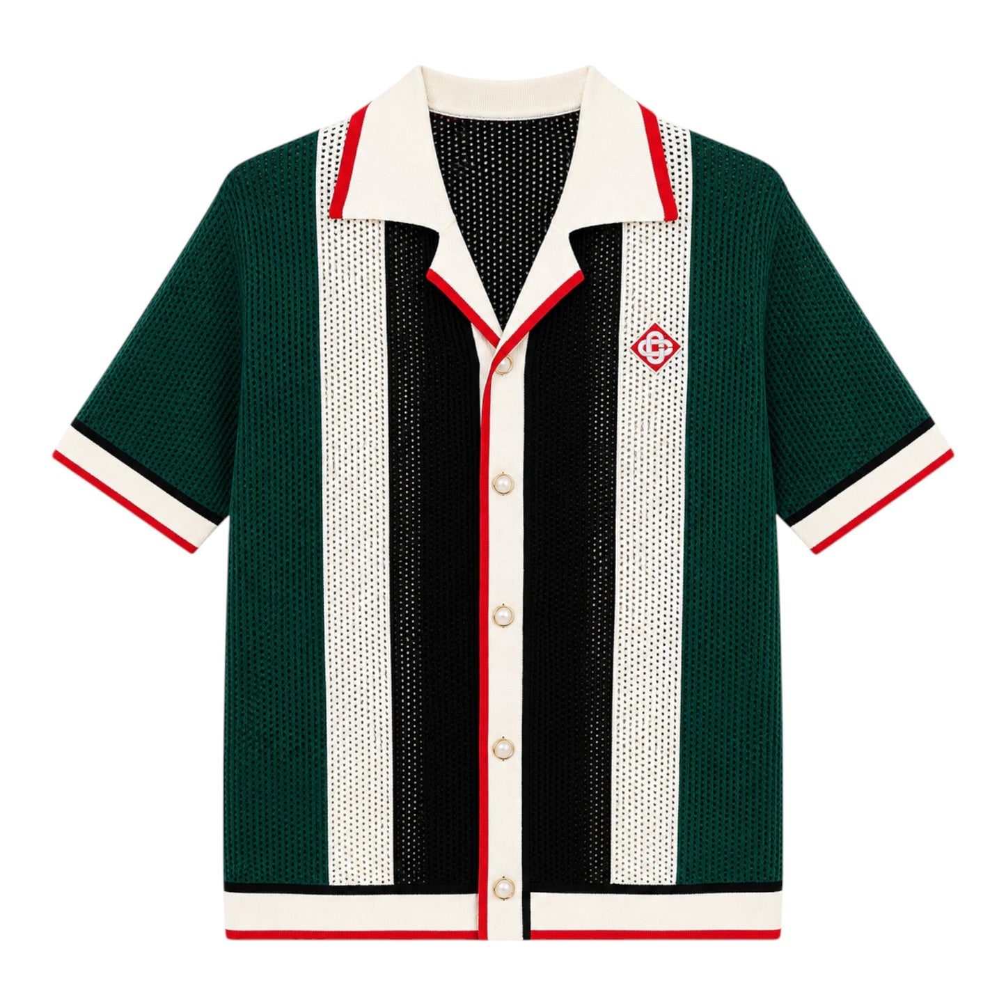 OFFCODE.USA Casablanca Striped Mesh Short Sleeve Shirt in green, black, and white with red trim.