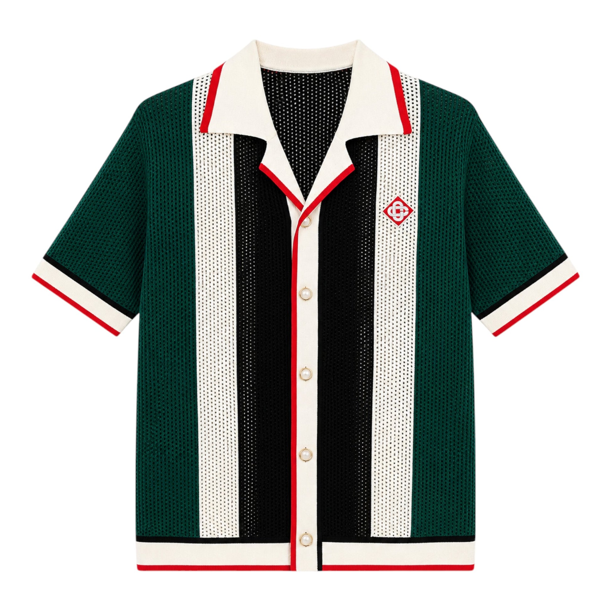 OFFCODE.USA Casablanca Striped Mesh Short Sleeve Shirt in green, black, and white with red trim.
