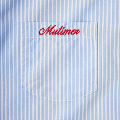 OFFCODE.USA blue and white striped cotton work shirt with red embroidered 'Mutimer' on chest pocket.