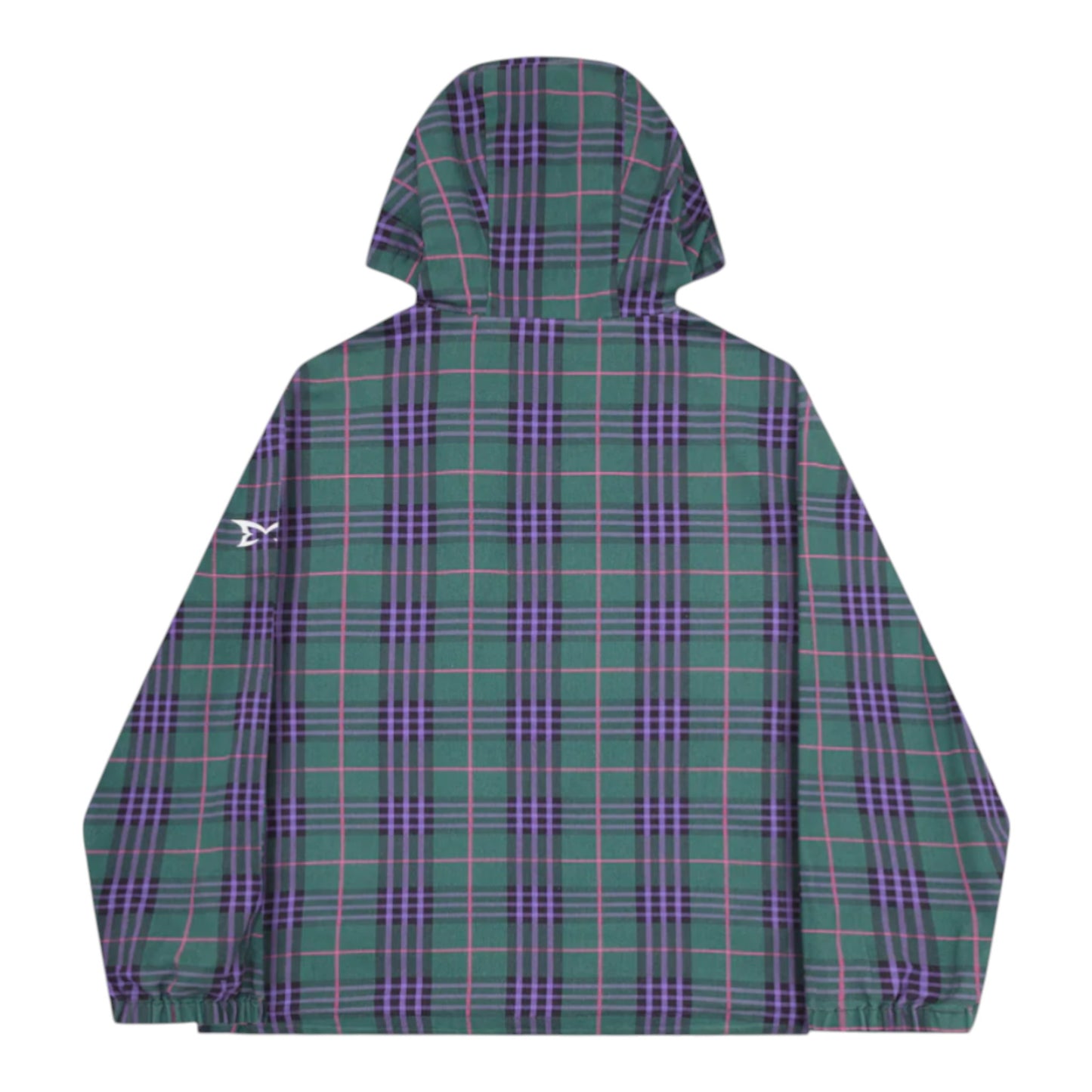 OFFCODE.USA green tartan hooded jacket with purple and pink plaid pattern. Features a small white logo on the left sleeve.