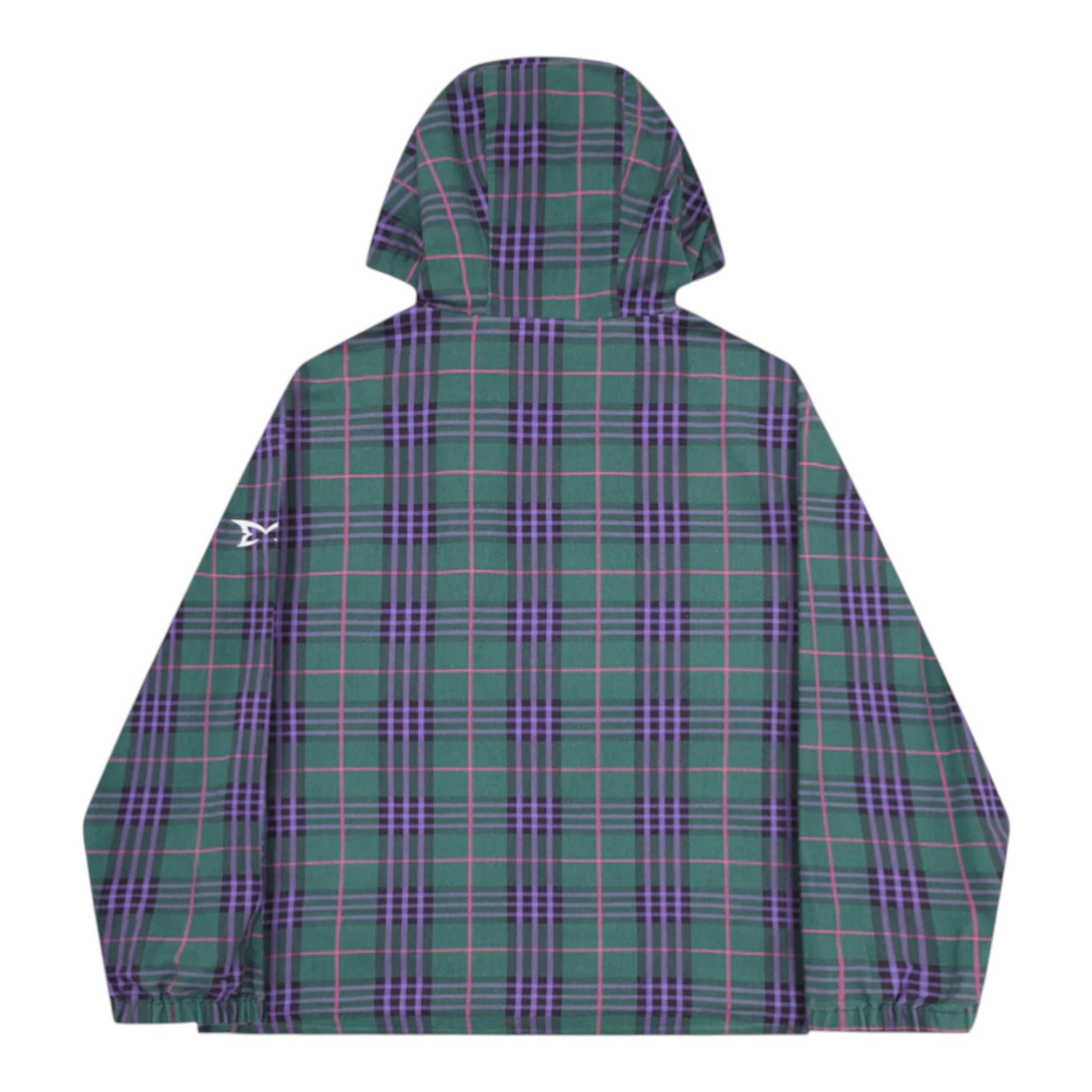OFFCODE.USA green tartan hooded jacket with purple and pink plaid pattern. Features a small white logo on the left sleeve.