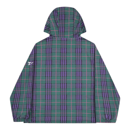 OFFCODE.USA green tartan hooded jacket with purple and pink plaid pattern. Features a small white logo on the left sleeve.