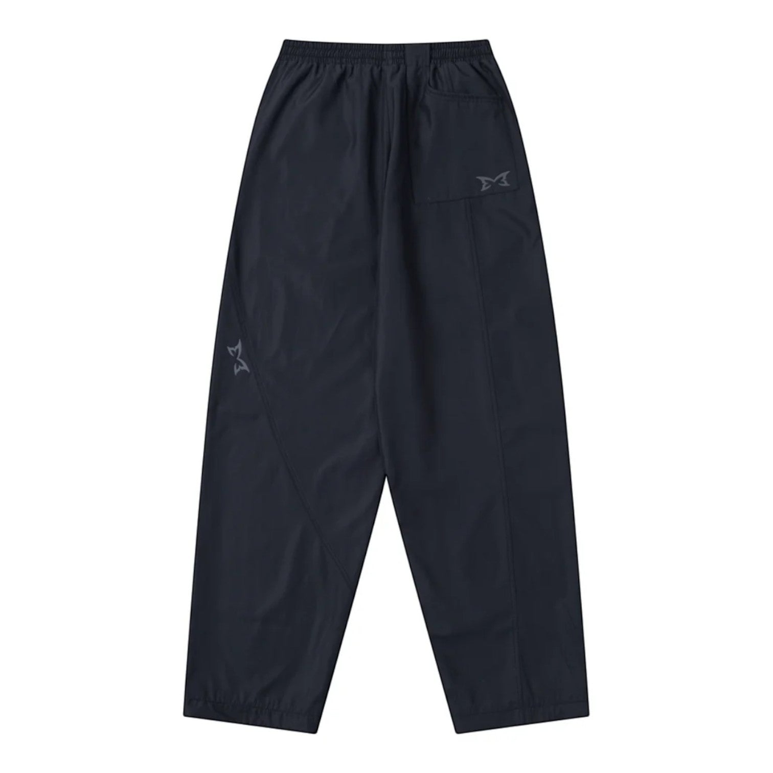 OFFCODE.USA black tech joggers with reflective logos, asymmetrical paneling, and wide leg fit.