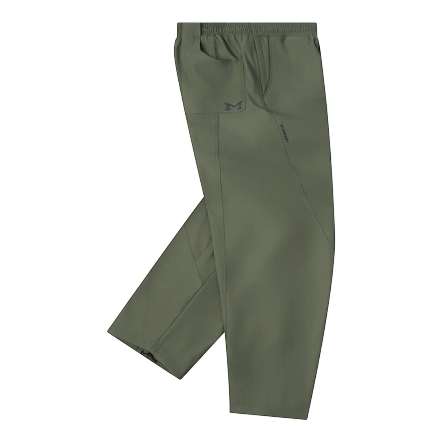 OFFCODE.USA olive green tech joggers with reflective logos, asymmetrical paneling, and ankle toggles. Baggy fit.