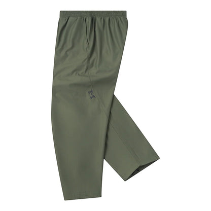 OFFCODE.USA olive green tech joggers with reflective logos, asymmetrical paneling, and ankle toggles.