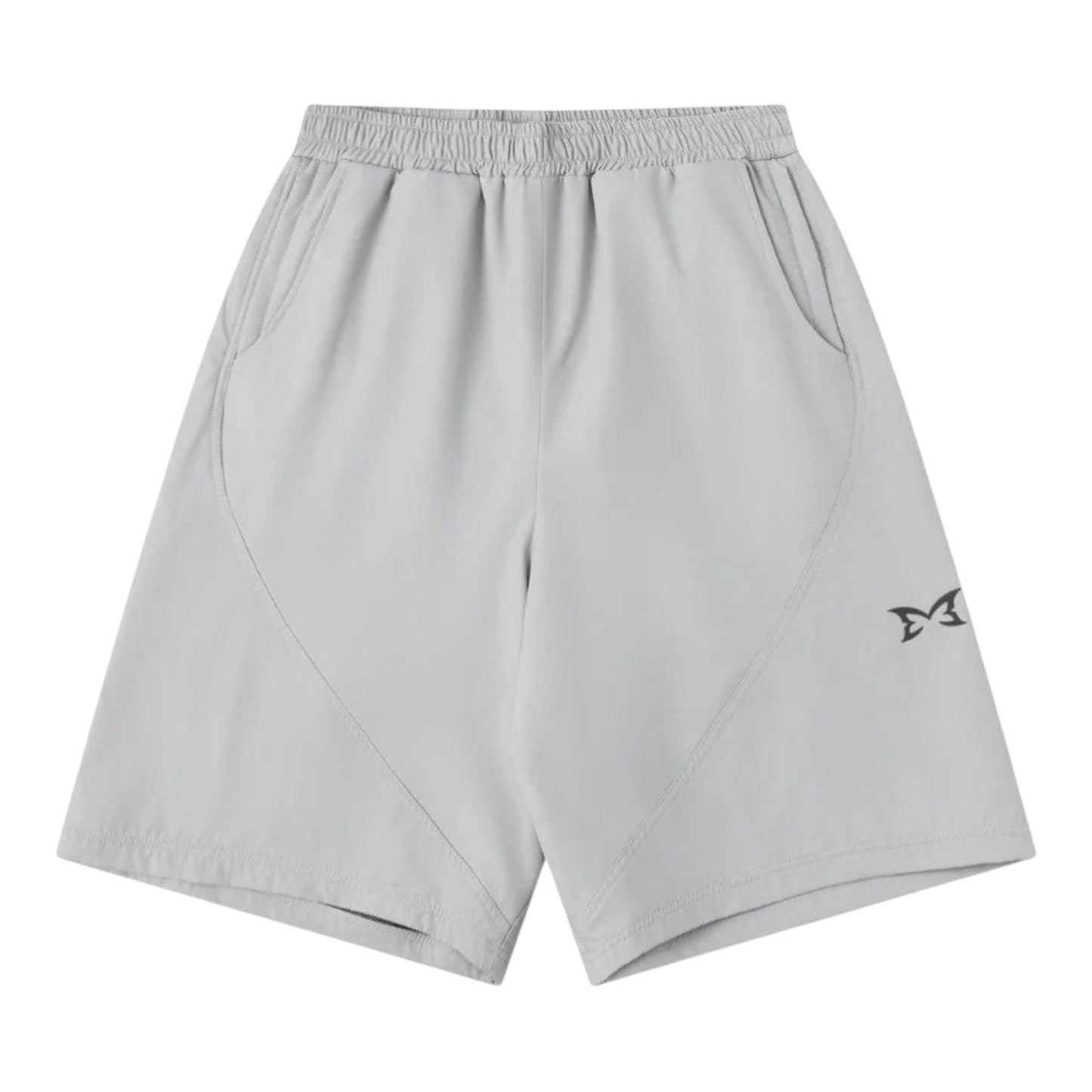 OFFCODE.USA light grey tech shorts with mesh lining, interior drawcord, hidden zipper pockets, and signature panelling.