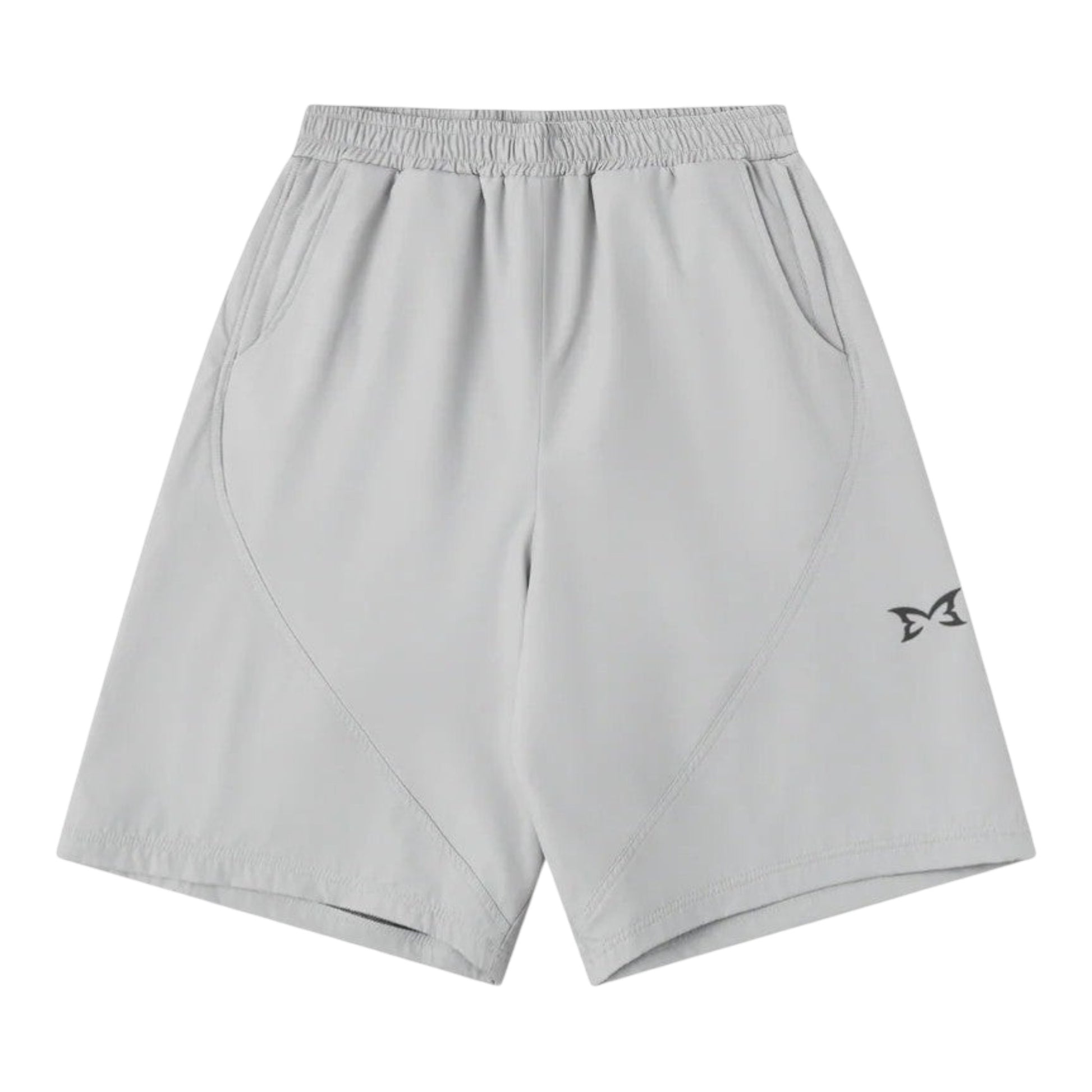 OFFCODE.USA light grey tech shorts with mesh lining, interior drawcord, hidden zipper pockets, and signature panelling.