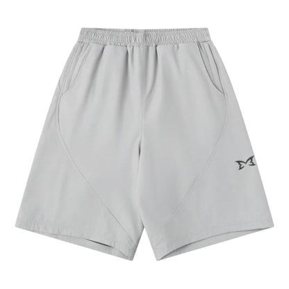OFFCODE.USA light grey tech shorts with mesh lining, interior drawcord, hidden zipper pockets, and signature panelling.