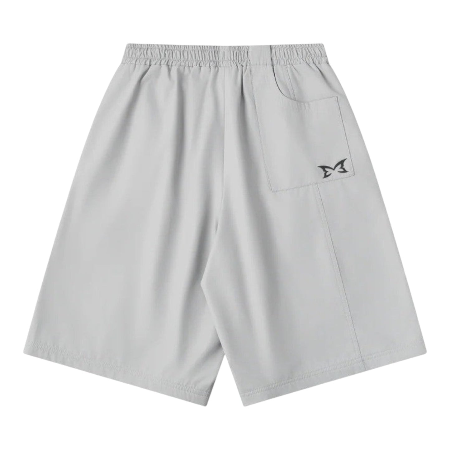 OFFCODE.USA light grey poly tech shorts with mesh lining, interior drawcord, and signature panelling. Baggy fit.