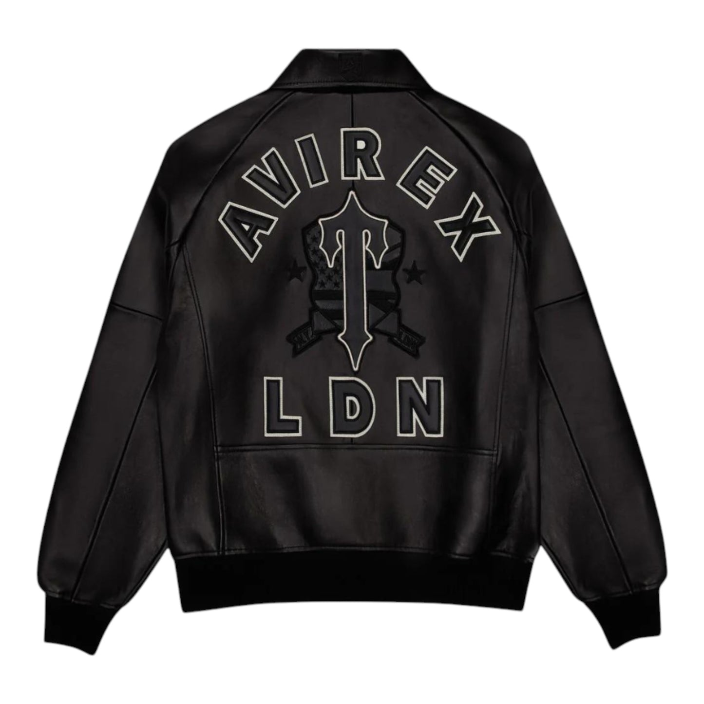 OFFCODE.USA black leather Trapstar X Avirex Icon jacket with embroidered logo and "LDN" text on the back.