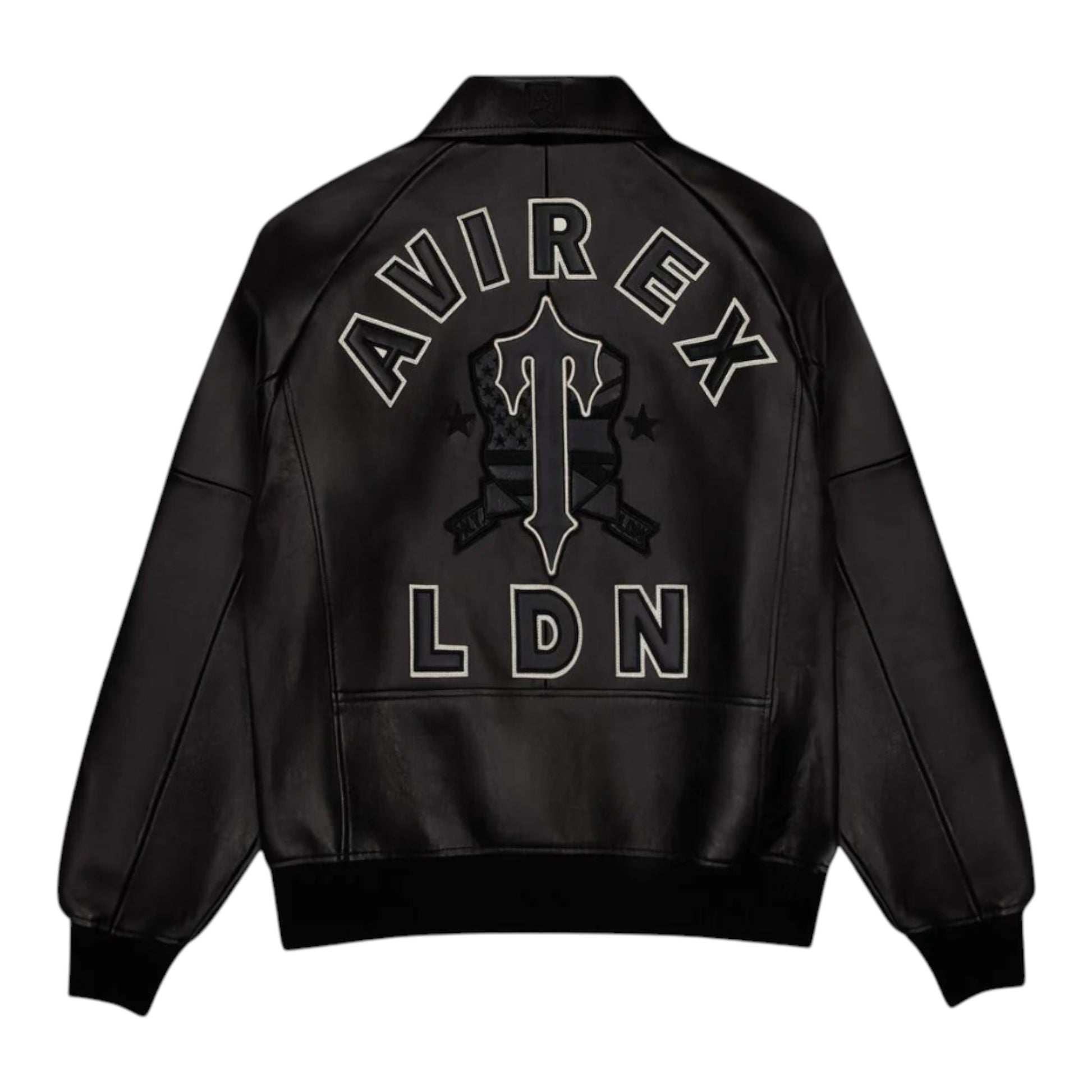 OFFCODE.USA black leather Trapstar X Avirex Icon jacket with embroidered logo and "LDN" text on the back.