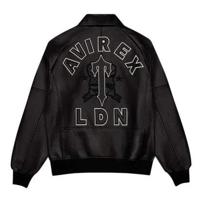 OFFCODE.USA black leather Trapstar X Avirex Icon jacket with embroidered logo and "LDN" text on the back.