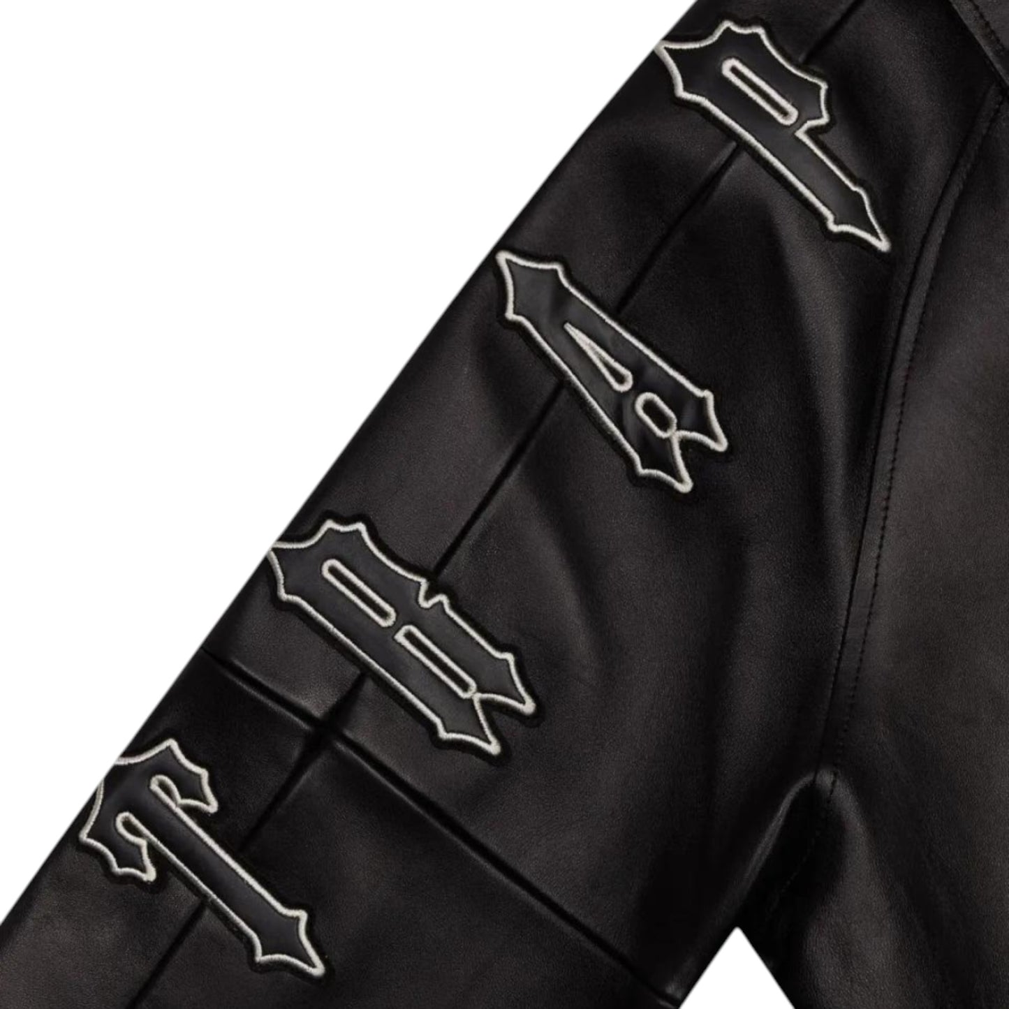 OFFCODE.USA Black leather jacket with embroidered Trapstar logo on sleeve.