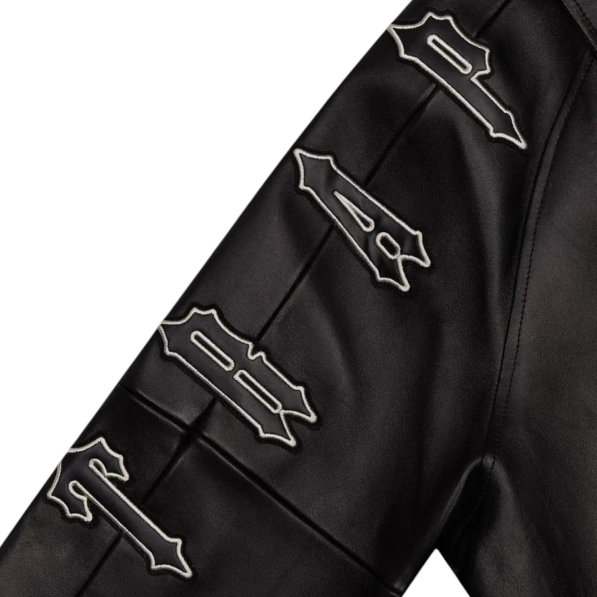 OFFCODE.USA Black leather jacket with embroidered Trapstar logo on sleeve.